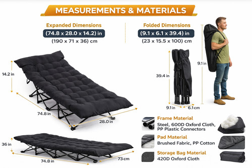 Folding camping cot bed with - camping,